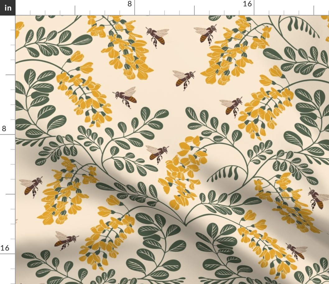 Acacia Tree and Buzzing Bees Vintage color palette Large