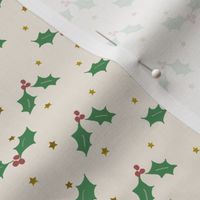 Holly and  Gold Stars on Ivory 