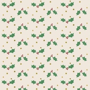 Holly and  Gold Stars on Ivory 