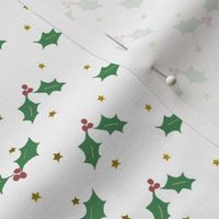 Holly and Gold Stars on White