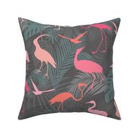 Exotic Cranes And Heron Birds With Palm Leaves Grey And Pink