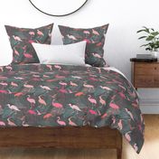 Exotic Cranes And Heron Birds With Palm Leaves Grey And Pink