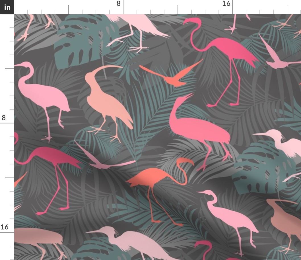 Exotic Cranes And Heron Birds With Palm Leaves Grey And Pink