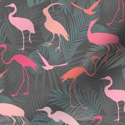 Exotic Cranes And Heron Birds With Palm Leaves Grey And Pink Smaller Scale