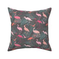 Exotic Cranes And Heron Birds With Palm Leaves Grey And Pink Smaller Scale