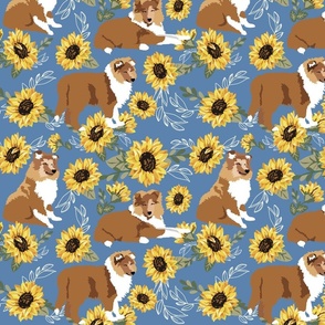 large scale // Collie Puppies and Yellow Sunflowers on blue denim 