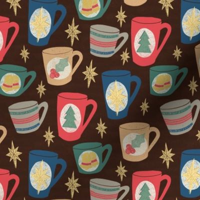 Christmas Coffee Mugs on Dark Brown - Medium Scale