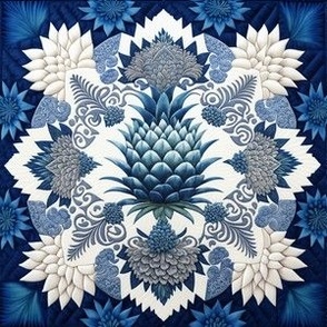 Abstract Pineapple Quilt Square in Blue Toile colors 6 inch repeat by kedoki