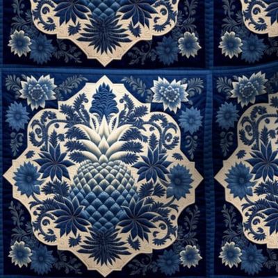 Blue Toile Pineapple Quilt Square 6 inch repeat by kedoki