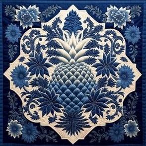 Blue Toile Pineapple Quilt Square 6 inch repeat by kedoki