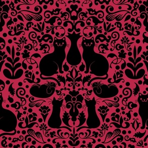 Damask Cats - Black + Pantone 2023 Viva Magenta