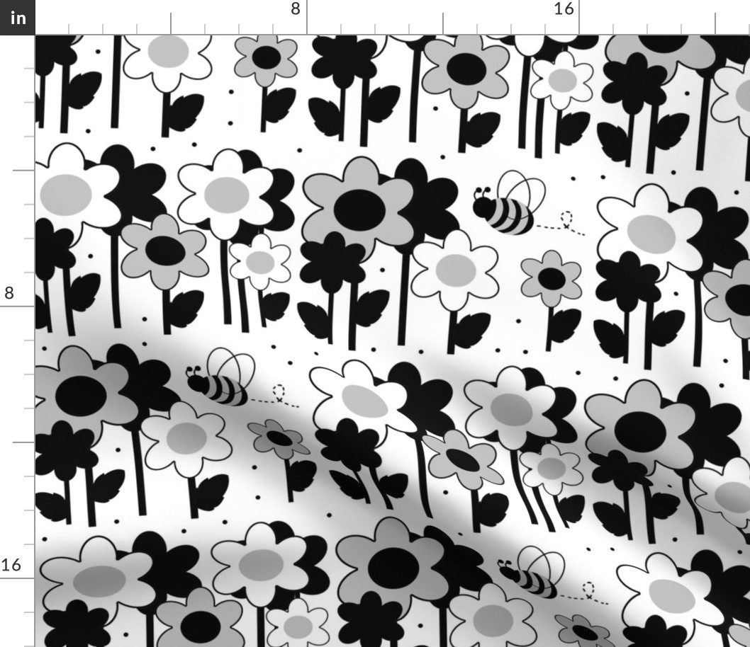 Black White Bumble Bee Floral 