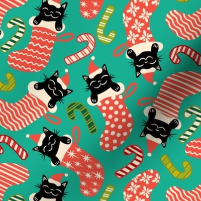 Meowy Christmas - Festive Felines - Black Cats in Xmas Stockings - Bright Blue / Green