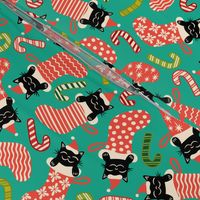 Meowy Christmas - Festive Felines - Black Cats in Xmas Stockings - Bright Blue / Green