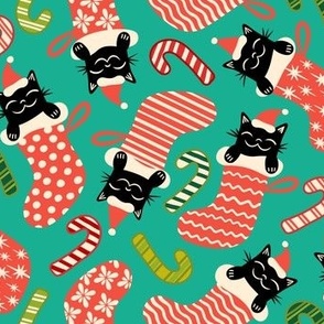 Meowy Christmas - Festive Felines - Black Cats in Xmas Stockings - Bright Blue / Green