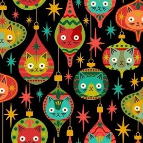 Meowy Christmas - Retro Kitty Cat Xmas Ornaments + Stars - Black