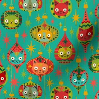 Meowy Christmas - Retro Kitty Cat Xmas Ornaments + Stars - Blue