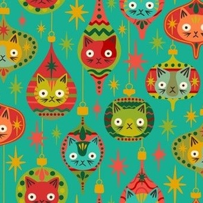 Meowy Christmas - Retro Kitty Cat Xmas Ornaments + Stars - Blue