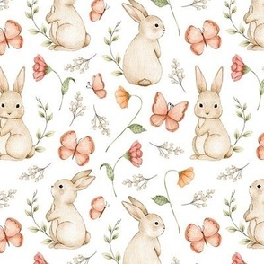 easter garden, bunny, watercolor flowers, easter rabbits, flowers, meadow, butterfly, nursery, baby girl, leaves, spring easter on white