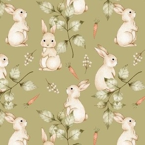 green foliage spring, watercolor easter, bunny and carrots on leek green