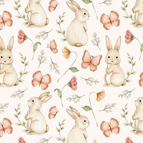 easter garden, bunny, watercolor flowers, easter rabbits, flowers, meadow, butterfly, nursery, baby girl, leaves, spring easter on off white