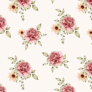 watercolor flowers, garden, roses, daisies, nursery, baby girl, leaves, spring on off white