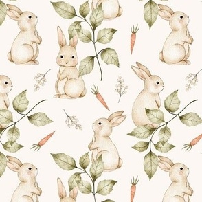 green foliage spring, watercolor easter, bunny and carrots on off white