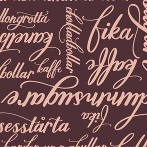 Large Hand lettering of Fika Pastries in Swedish  in Pink with Brown Background