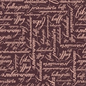 Small Hand lettering of Fika Pastries in Swedish  in Pink with Brown Background