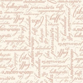 Small Hand lettering of Fika Pastries in Swedish  in Pink with a Seashell White Background