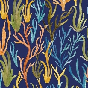 Hand Painted Watercolour Colourful Coral Navy Blue Large