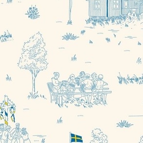 Medium Happy Swedish Midsummer Day Toile De Jouy with a Seashell White Background