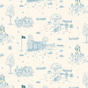 Small Happy Swedish Midsummer Day Toile De Jouy with a Seashell White Background