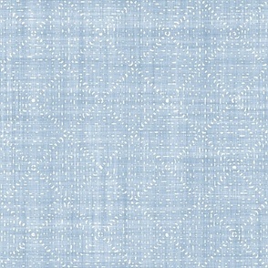 Batik Block Print Textured Diamond Checks in Light Fog Blue and White (Medium Scale)