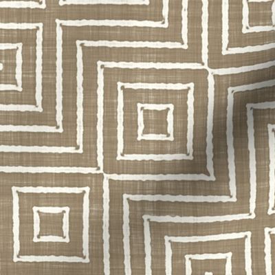 Geometric Optical Illusion Squares Batik Block Print in Mushroom Brown and Natural White (Medium Scale)