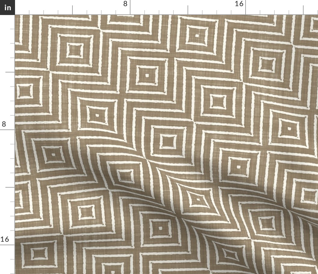 Geometric Optical Illusion Squares Batik Block Print in Mushroom Brown and Natural White (Medium Scale)