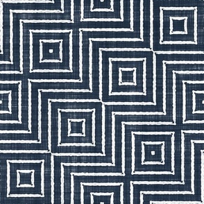 Geometric Optical Illusion Squares Batik Block Print in Navy Blue and White (Medium Scale)
