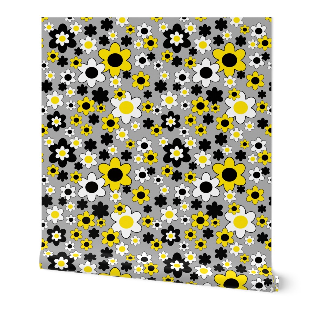 Yellow Black Floral on Gray 