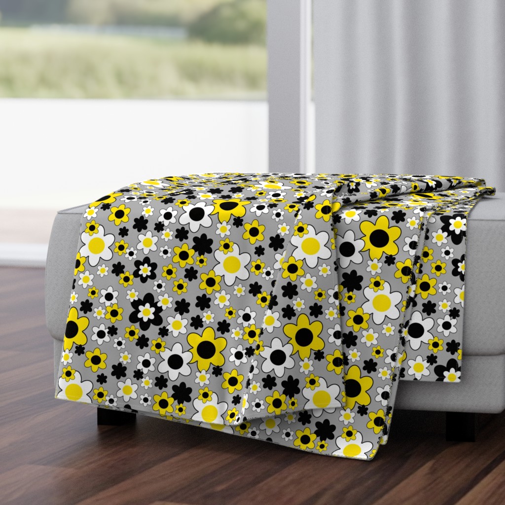 Yellow Black Floral on Gray 