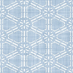 Batik Block Print Ethnic Floral Hexagon Lattice in Light Fog Blue and White (Large Scale)