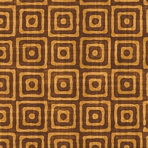 Geometric Concentric Squares Batik Block Print in Cinnamon Brown and Desert Sun (Large Scale)