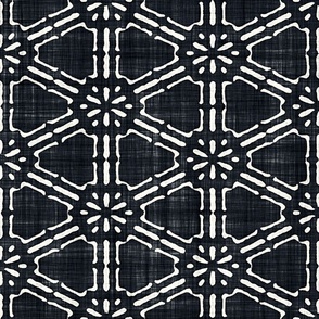 Batik Block Print Ethnic Floral Hexagon Lattice in Graphite Black and Natural White (Large Scale)