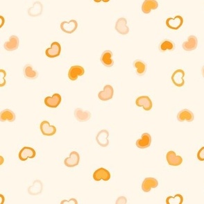 Scattered light peach to dark tangerine orange hearts on a light orange background