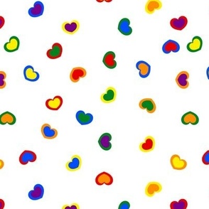 Pride - Scattered Red, Orange, Yellow, Green, Blue and purple hearts on a white (unprinted) background