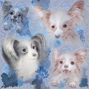 6x6-Inch Repeat of Dear Little Papillon Dogs on Blue Background