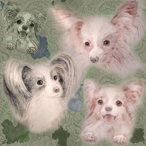 6x6-Inch Repeat Dear Little Papillon Dogs on Woodland Green Background