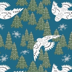 Snowy Owl Flying Over Trees-teal