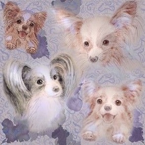 6x6-Inch Repeat of Dear Little Papillon Dogs on Periwinkle Blue  Background