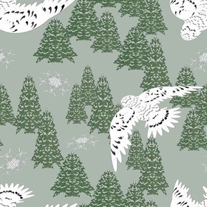 Snowy Owl Flying Over Trees Green