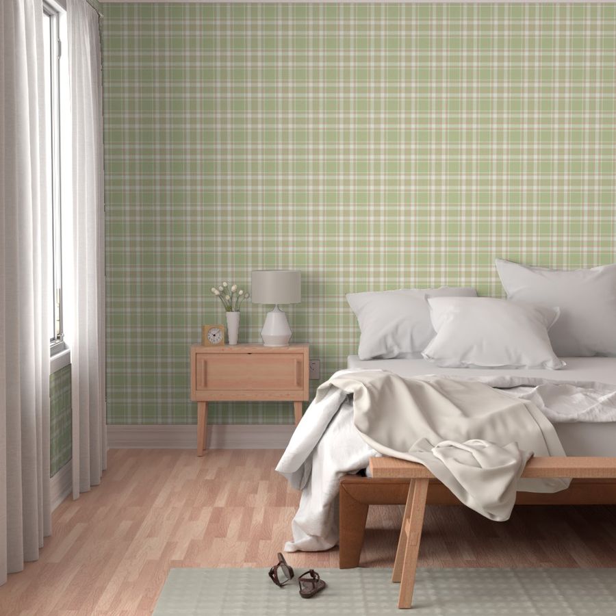 Tartan Plaid - Sage Green with Extra Light Ivory and Salmon Pink